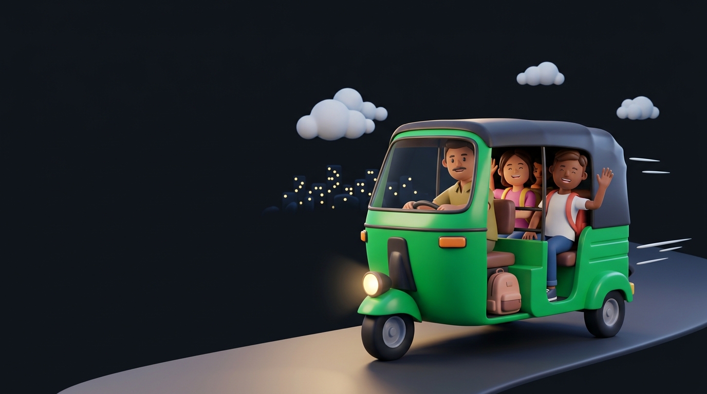 3D green auto-rickshaw with students