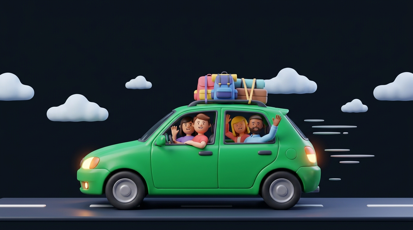 3D realistic carpooling scene — students in a green car